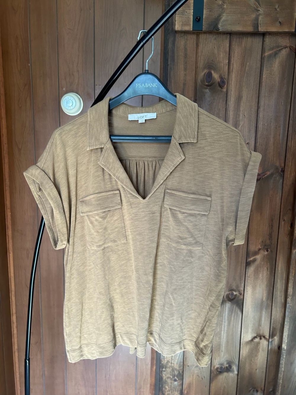 LOFT Tan Short Sleeve V-Neck Pocket Top